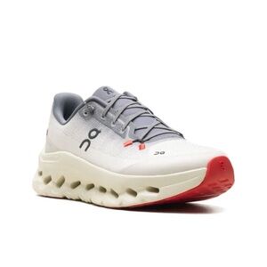 On Running Cloudtilt White and Gray Athletic Shoes with Orange Sole